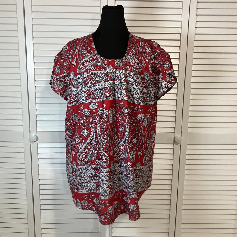 Boho Paisley Red Pleated Neckline Relaxed Flowy Tunic Blouse XXL